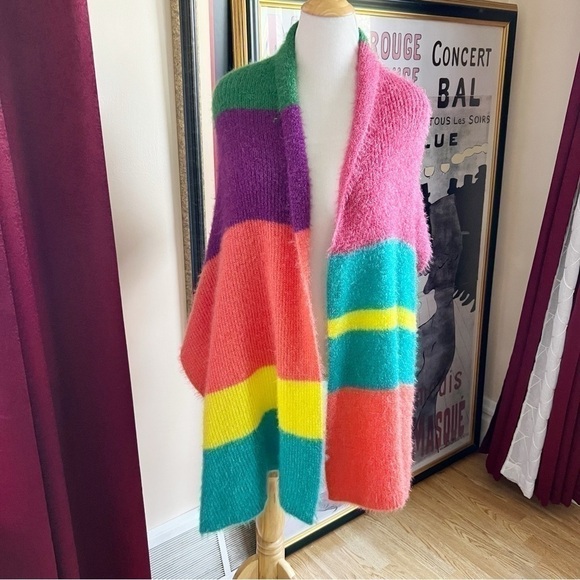 Zara Accessories: Teal, Peach, Purple, Green Pink Striped Wide Long Scarf USA M - Picture 1 of 9